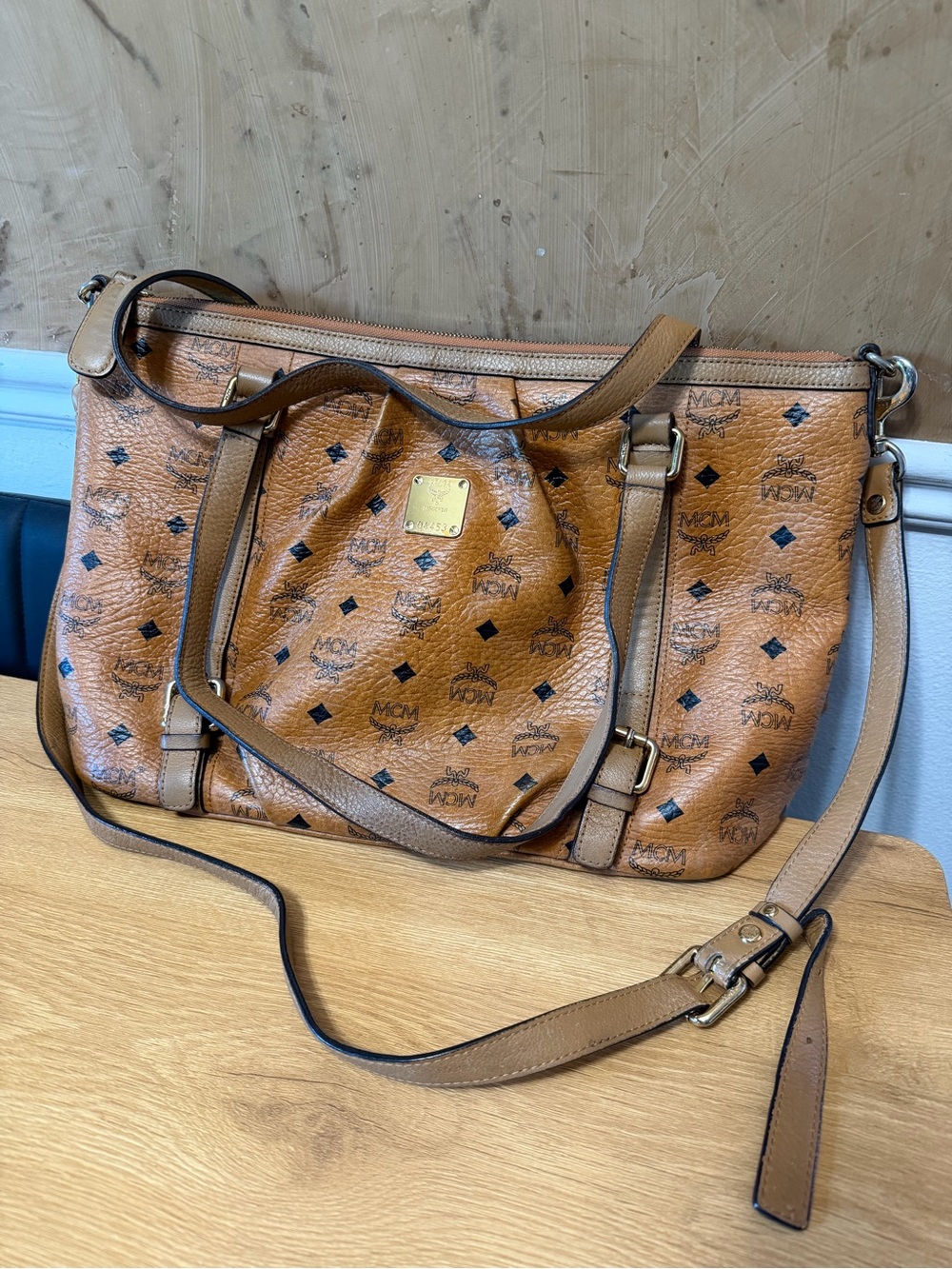 MCM Cognac Brown Monogram Leather Crossbody Tote